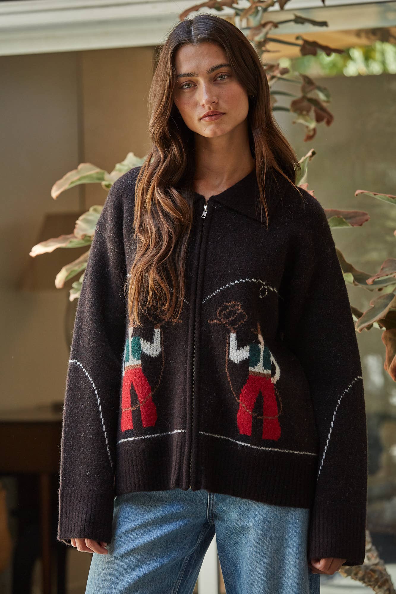 By Together Knit Sweater Print Zip-up Collar Neck Long Sleeve
