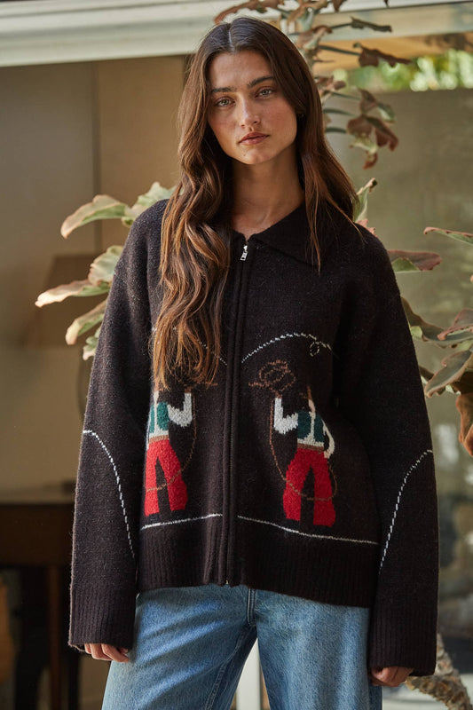 By Together Knit Sweater Print Zip-up Collar Neck Long Sleeve