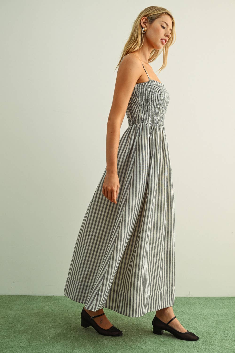 MIOU MUSE -   STRIPED FABRIC WITH SMOCKING TOP MAXI DRESS