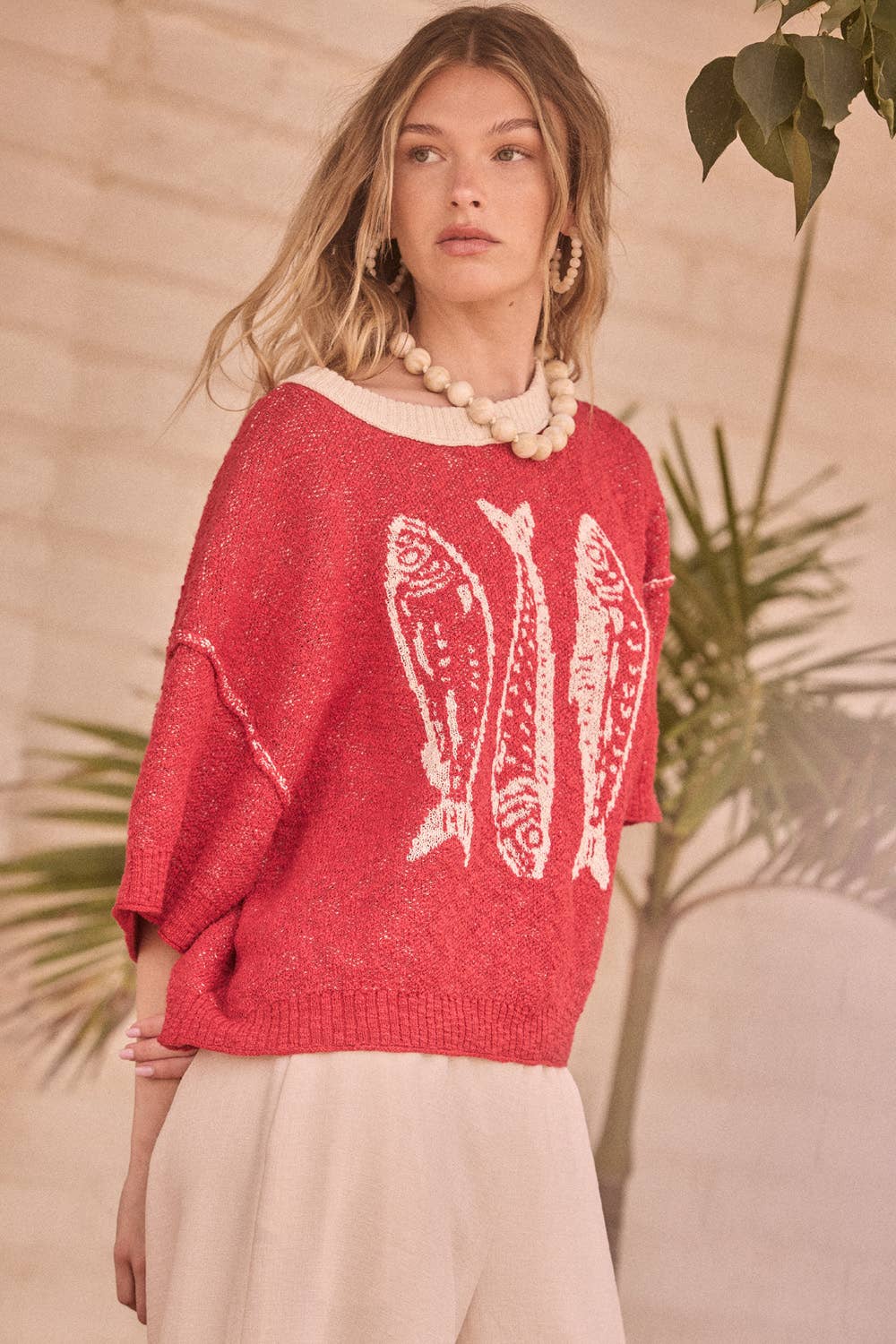 Promesa USA - Three Fishes Textured Jacquard-Knit Short-Sleeve Sweater
