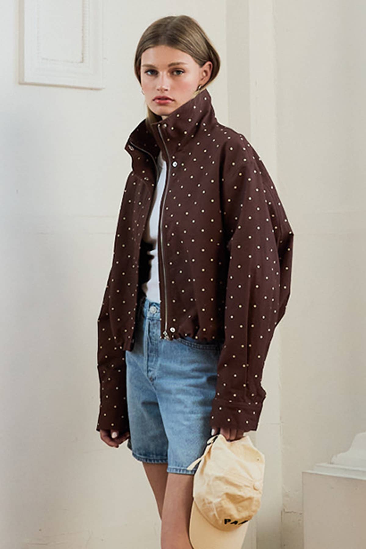 RAISONNEL - Polka Dot High Neck Drawstring Pullover Jacket