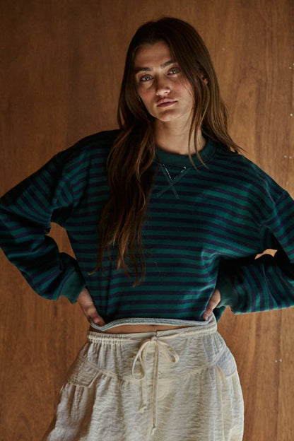 L8344 | Knit Cotton Striped Crew Neck Long Sleeve Pullover