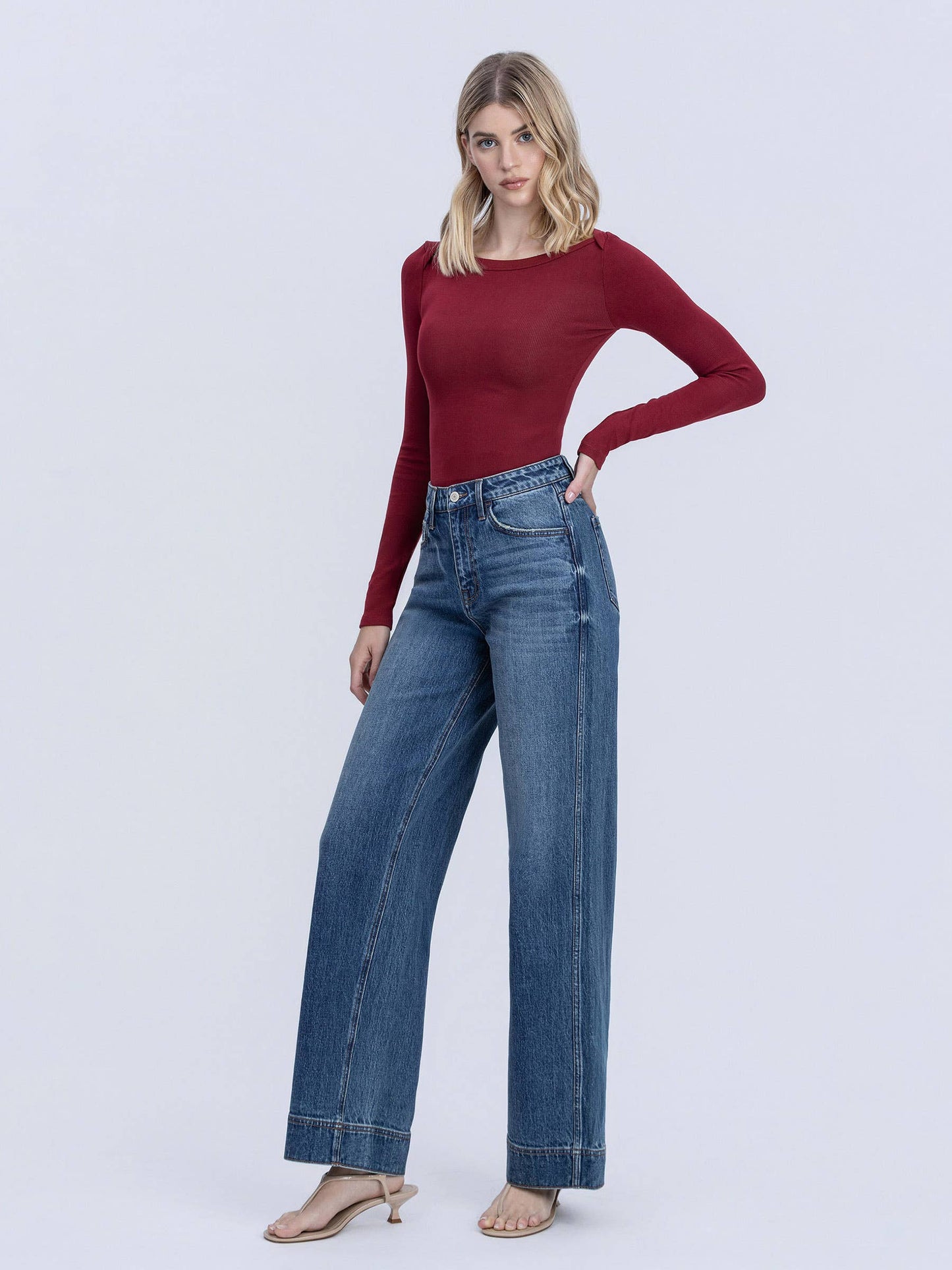 VERVET by FLYING MONKEY - SUPER HIGH RISE TROUSER HEM BAGGY WIDE LEG JEANS T7097
