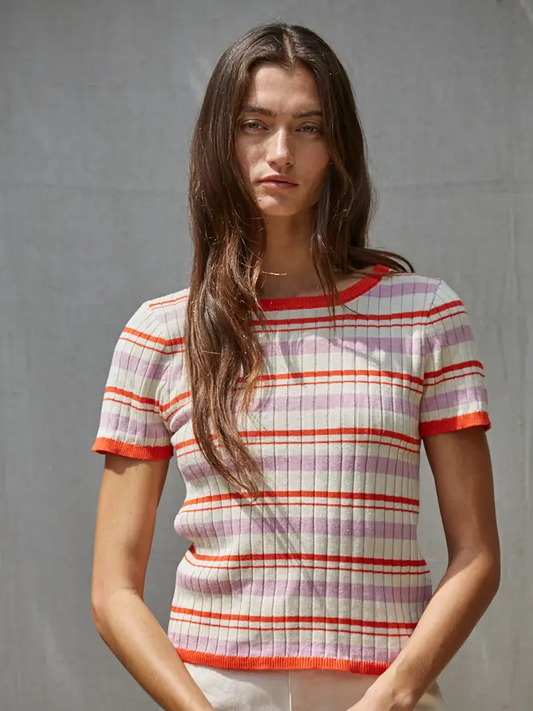By Together- Knit Sweater Multi Color Striped Short Sleeve