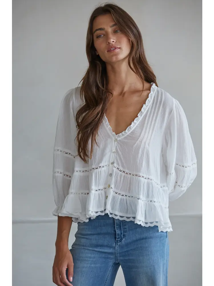 By Together Woven Cotton V-Neck Quarter Sleeve Top