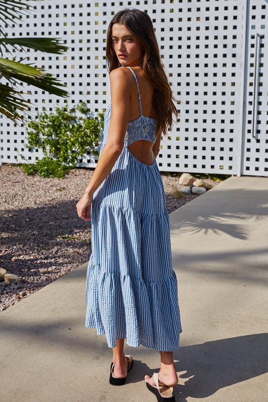 By Together- Woven Polyester Faux Linen Striped Sleeveless Maxi