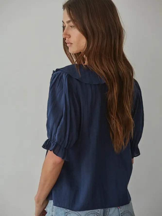 Woven Cotton Buttondown V-Neck Short Sleeve Top