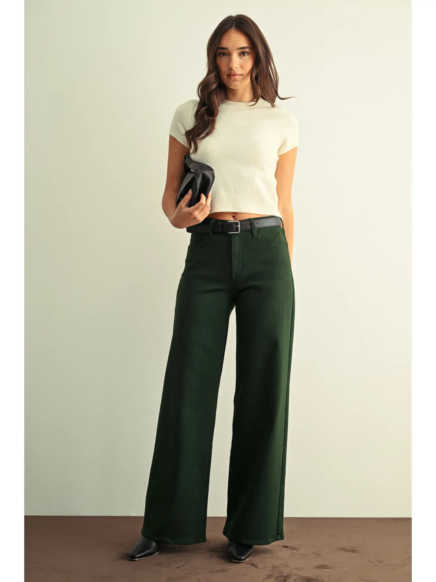 Just Black Denim- High Rise Stretchy Wide Leg - Dark Forest Green