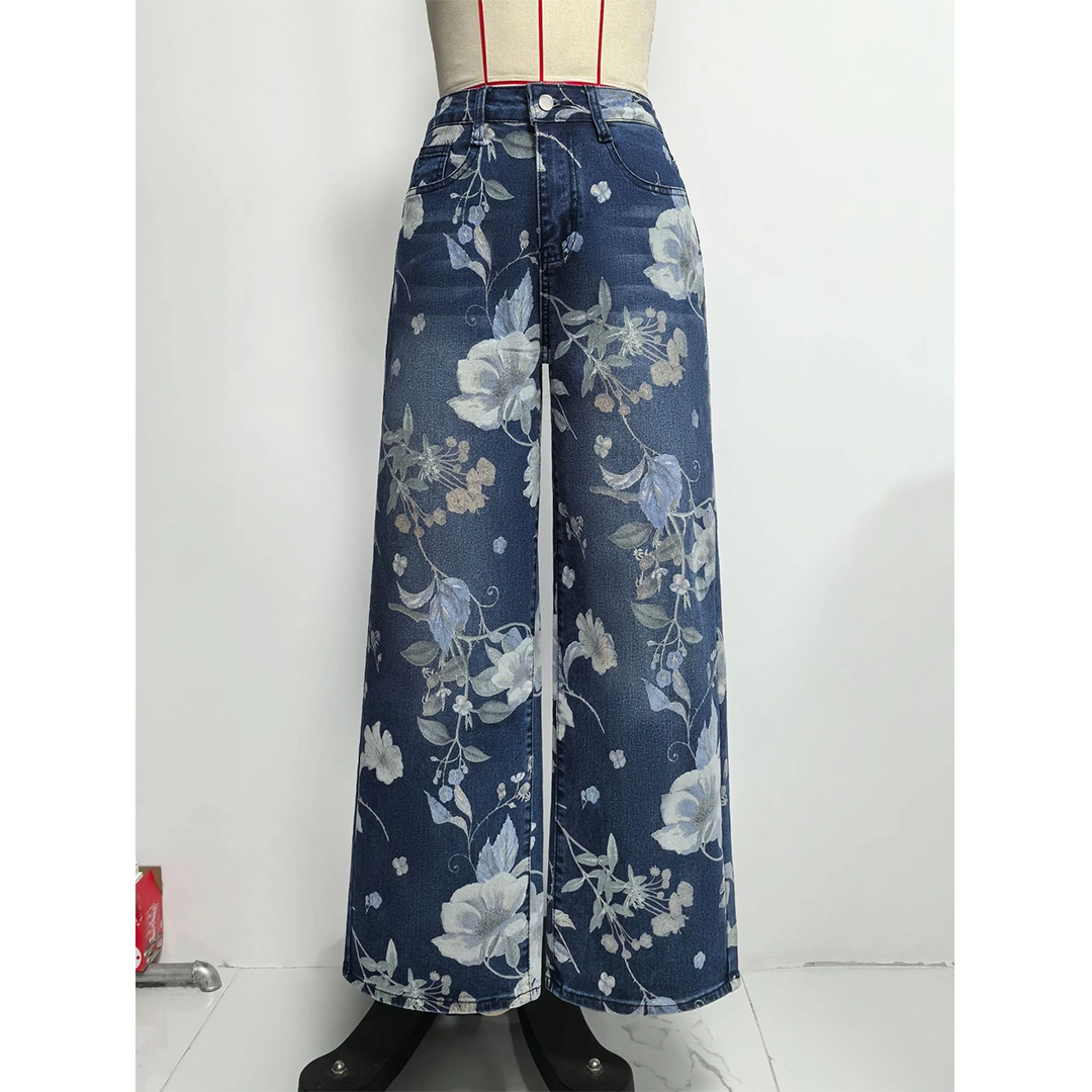 Floral Straight High-Waist Loose Wide-Leg Jeans