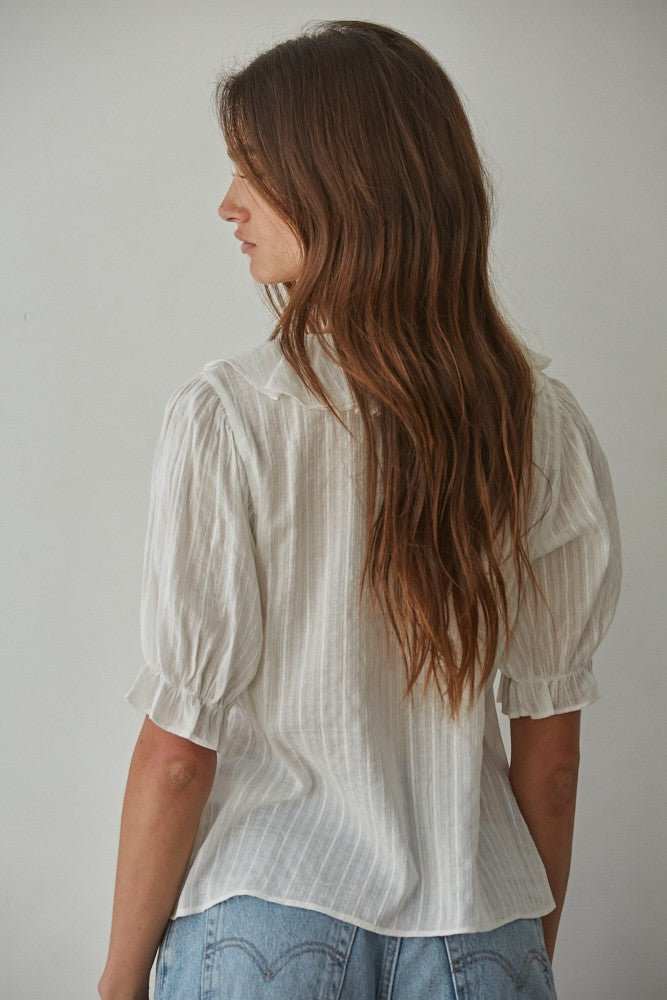 Woven Cotton Buttondown V-Neck Short Sleeve Top