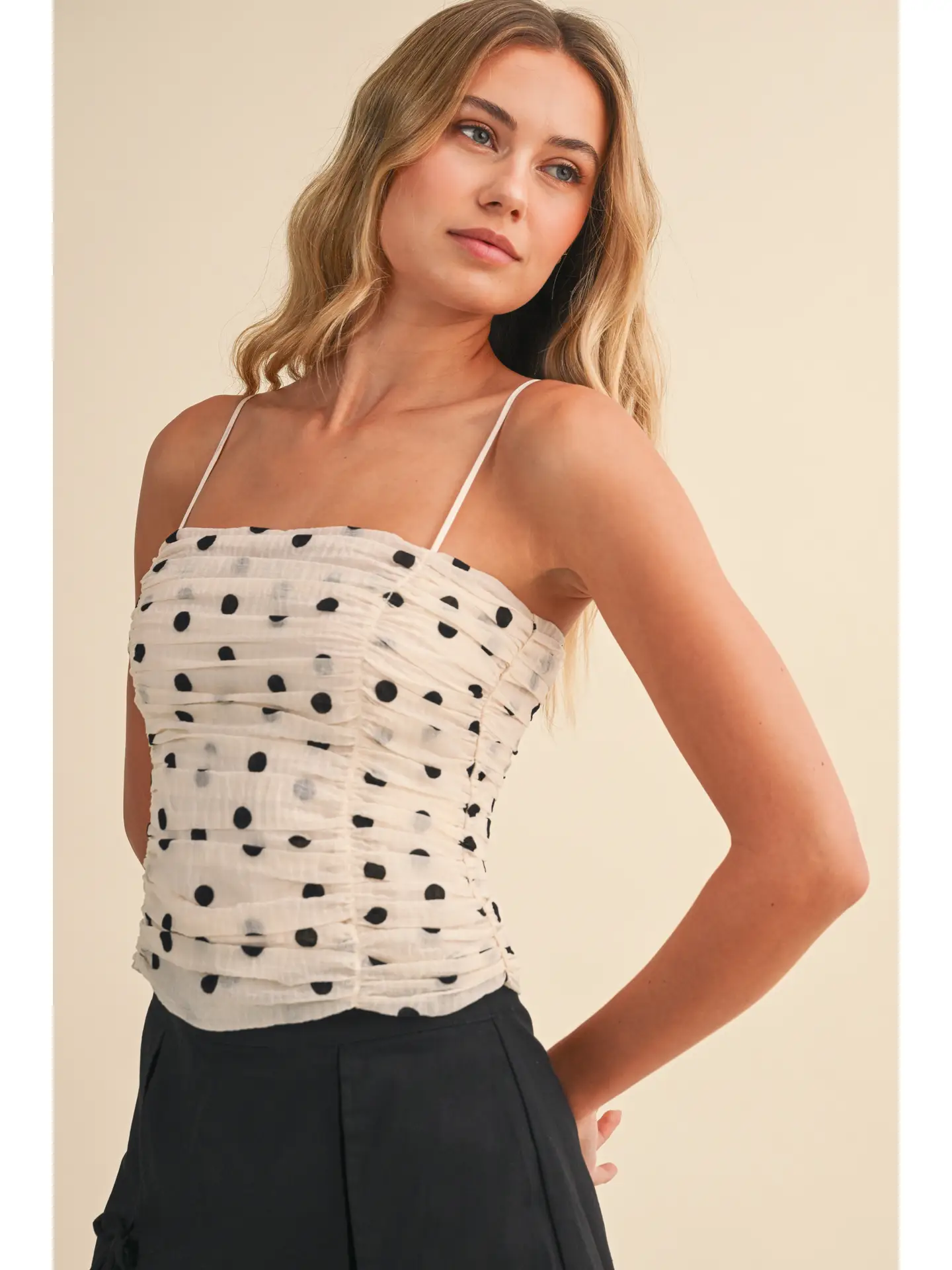 Klesis- Ruched Polkadot Smocked Back Sleeveless Top