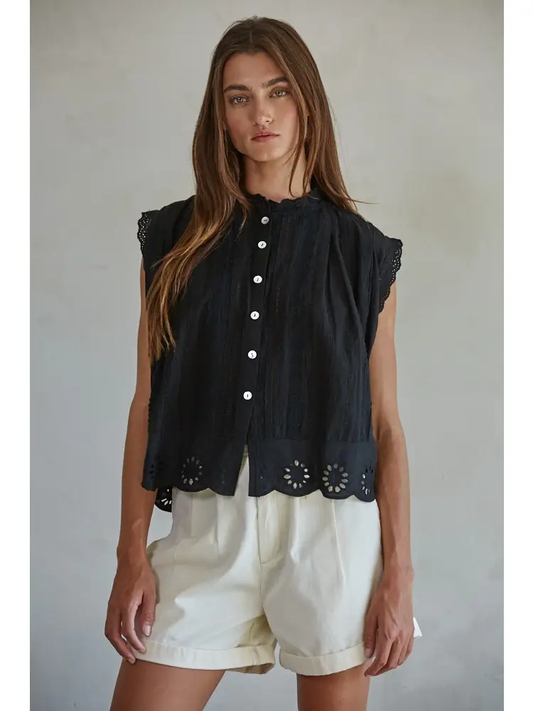 By Together- Woven Cotton Eyelet Buttondown Sleeveless Top