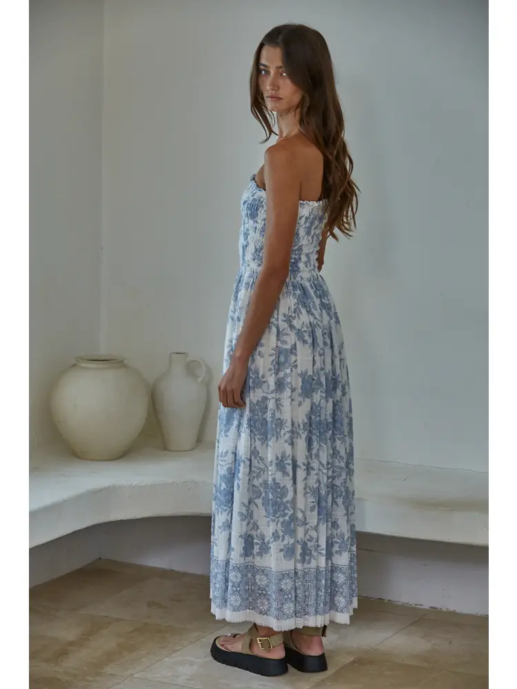 By Together- Woven Cotton Rayon Floral Smocked Strapless Midi