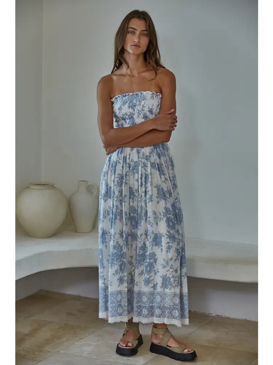 By Together- Woven Cotton Rayon Floral Smocked Strapless Midi