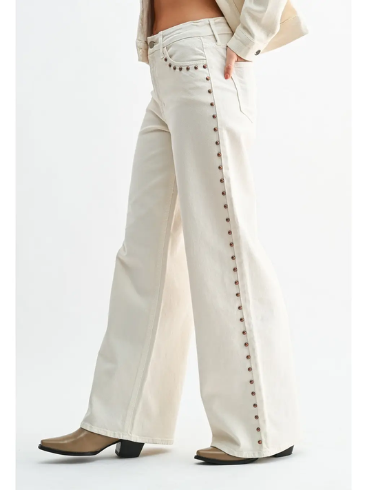 JBD- High Rise Studded Palazzo Wide Leg - Cream