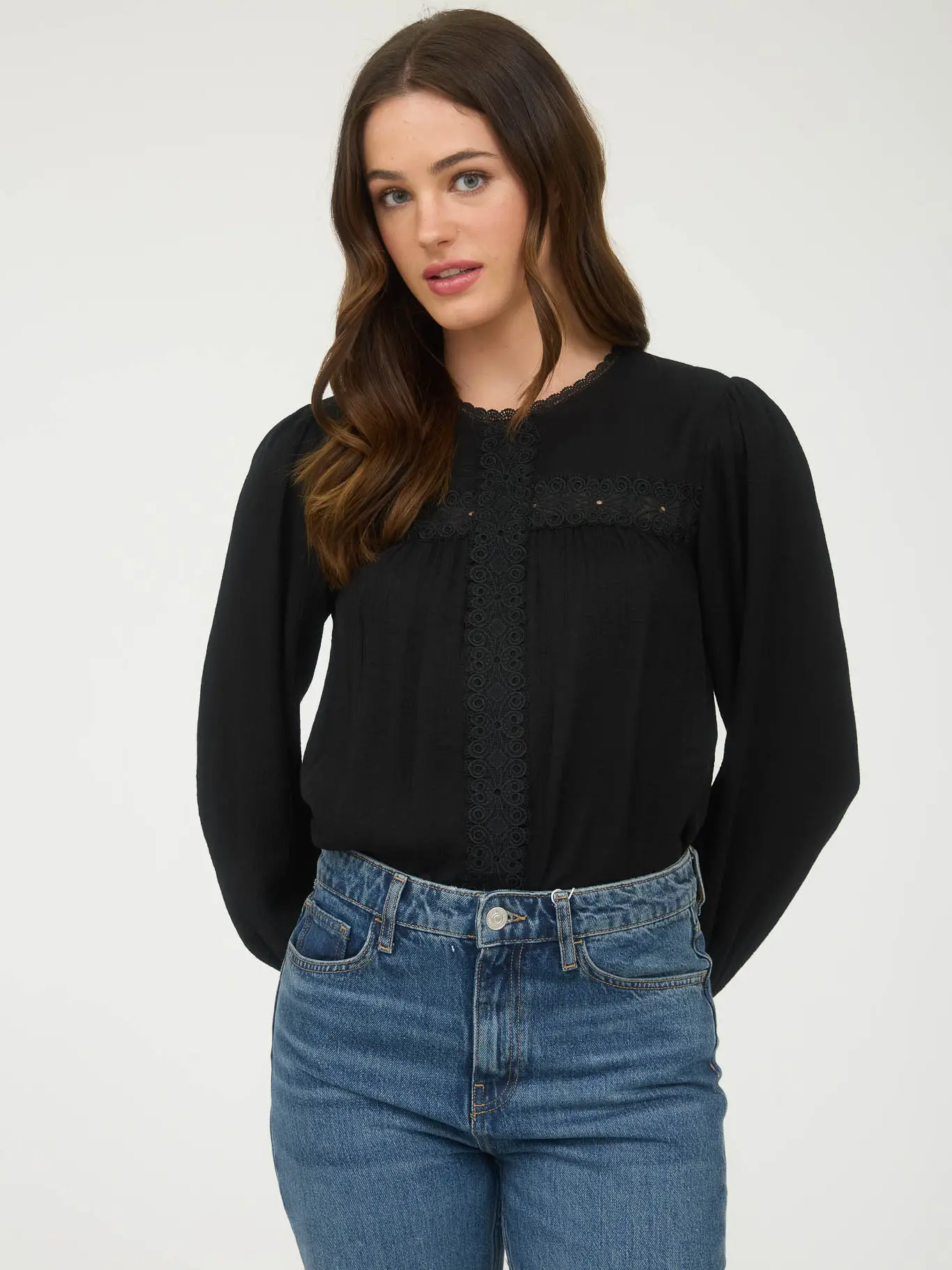 Blu Pepper - Lace Detail Round Neck Long Sleeve Blouse