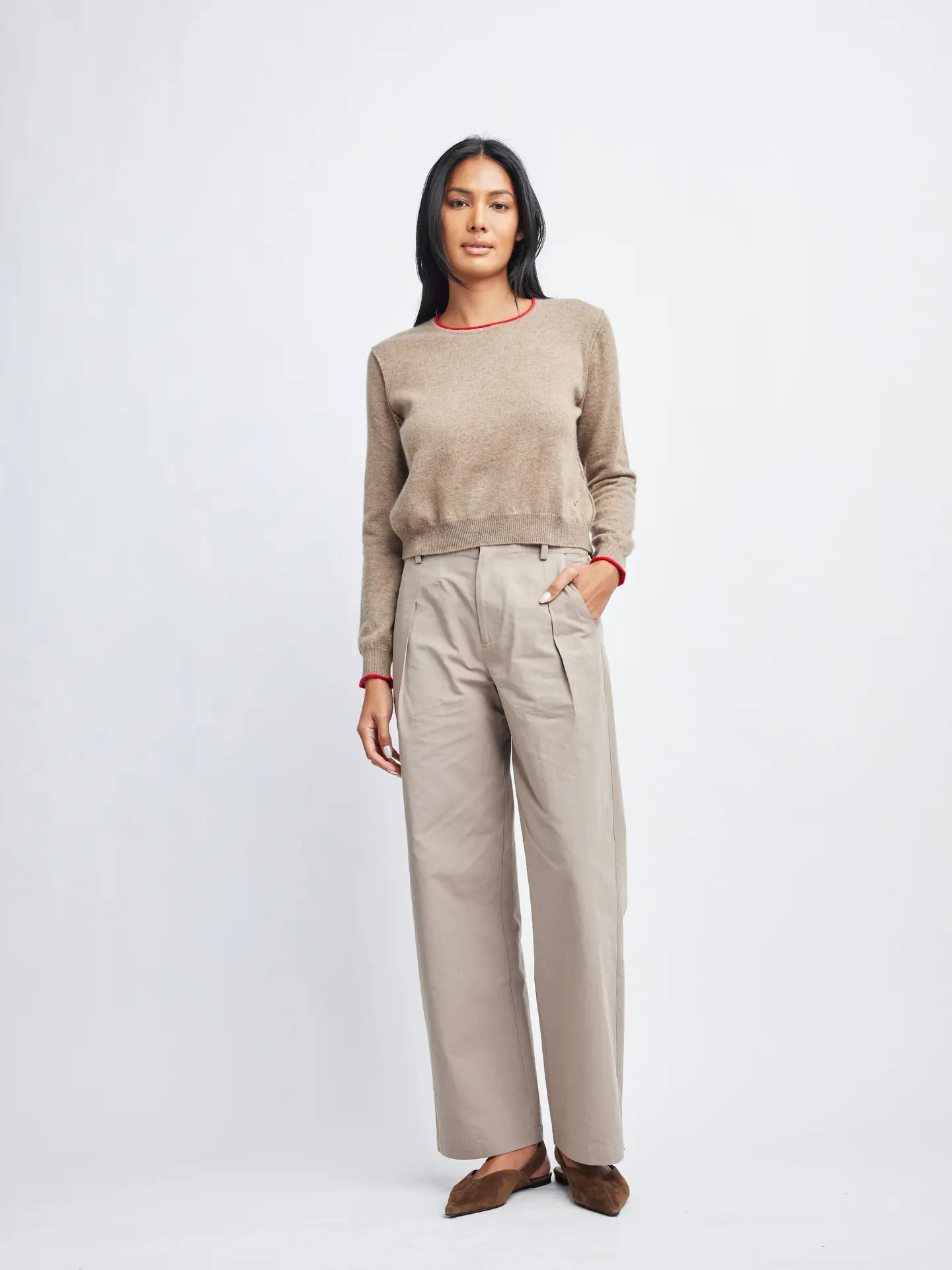 Self Contrast Willow Crew Shrunken Cashmere Sweater