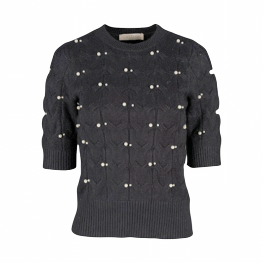Astrid- Short Sleeve Cable Knit Pearl Sweater