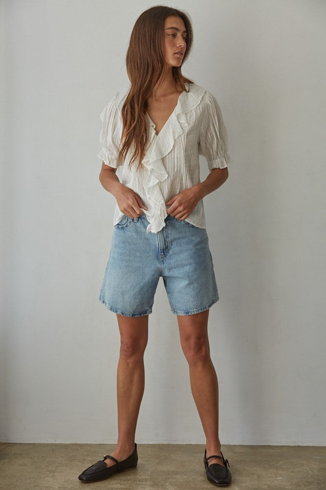 Woven Cotton Buttondown V-Neck Short Sleeve Top