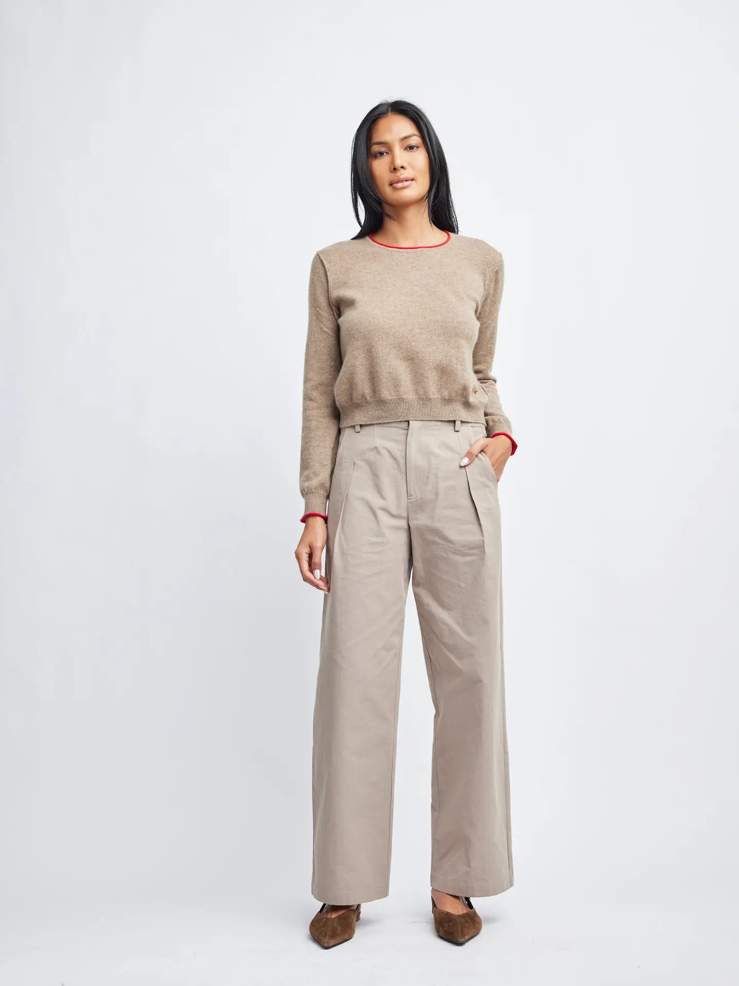 Self Contrast Willow Crew Shrunken Cashmere Sweater