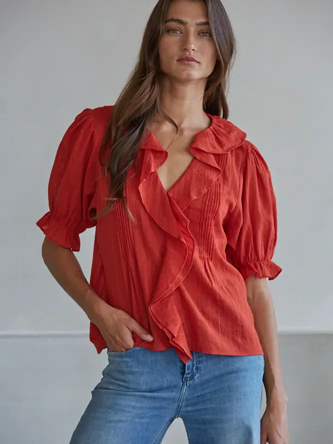 Woven Cotton Buttondown V-Neck Short Sleeve Top