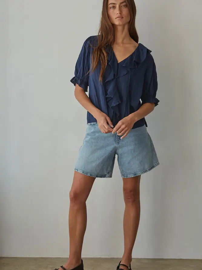 Woven Cotton Buttondown V-Neck Short Sleeve Top
