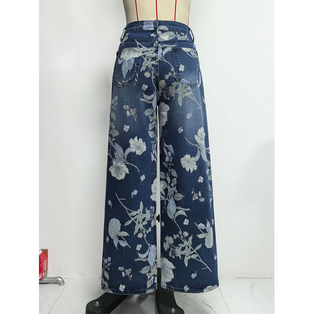 Floral Straight High-Waist Loose Wide-Leg Jeans