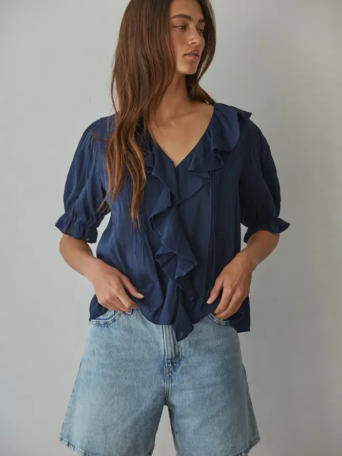 Woven Cotton Buttondown V-Neck Short Sleeve Top
