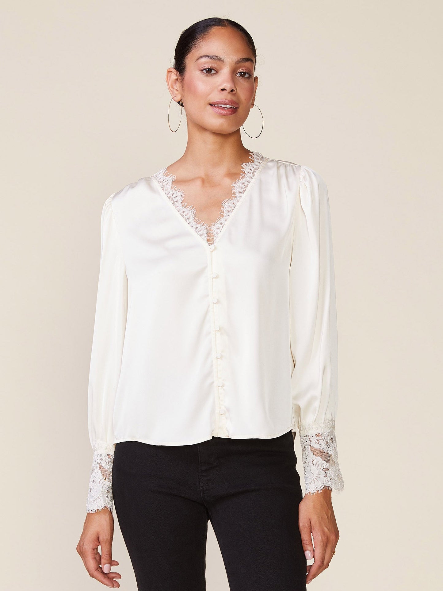 Anthem The Label - Long Sleeve Satin Top with Lace Trim