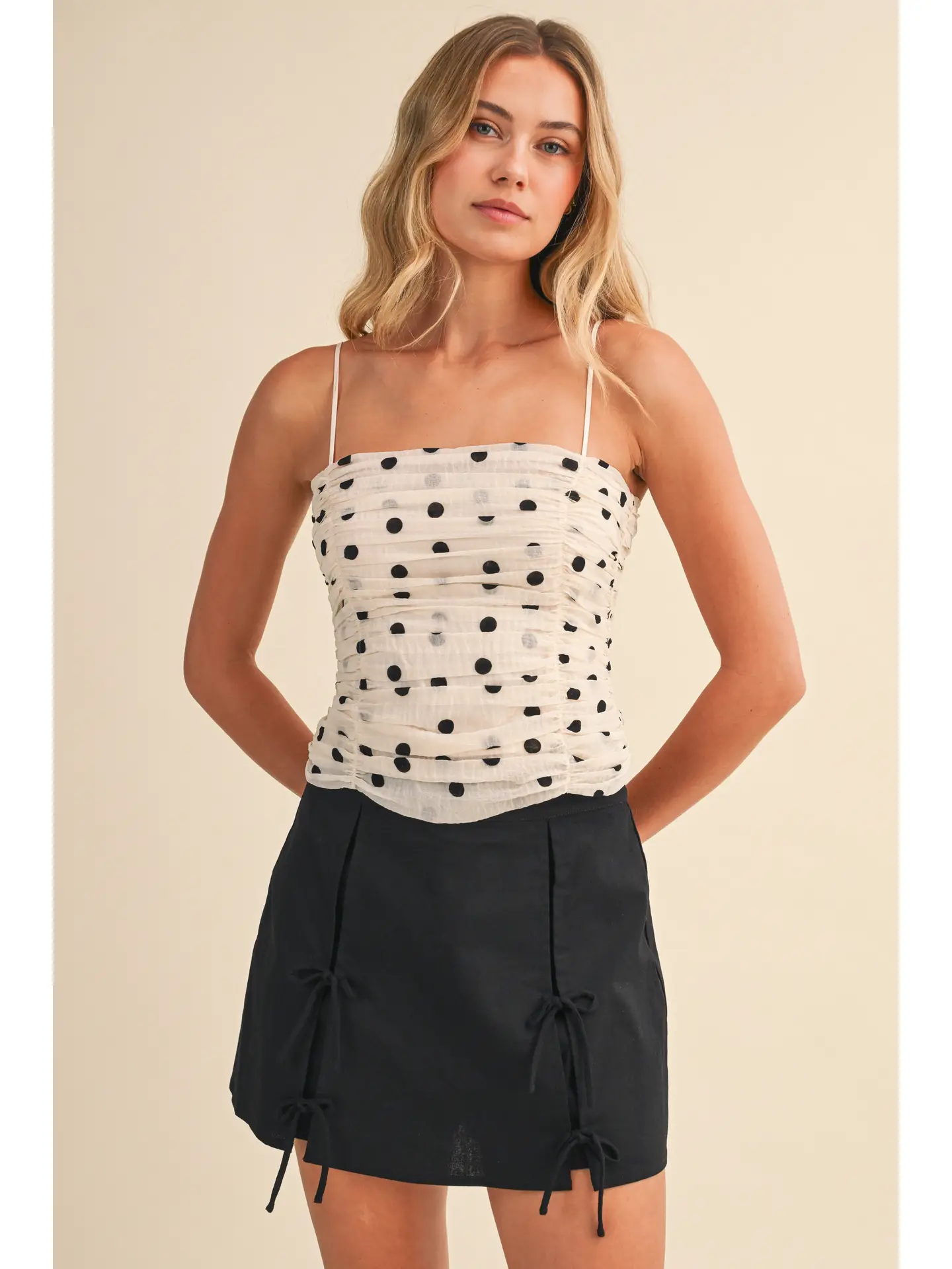 Klesis- Ruched Polkadot Smocked Back Sleeveless Top