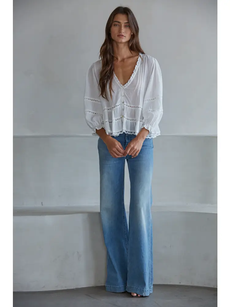 By Together Woven Cotton V-Neck Quarter Sleeve Top