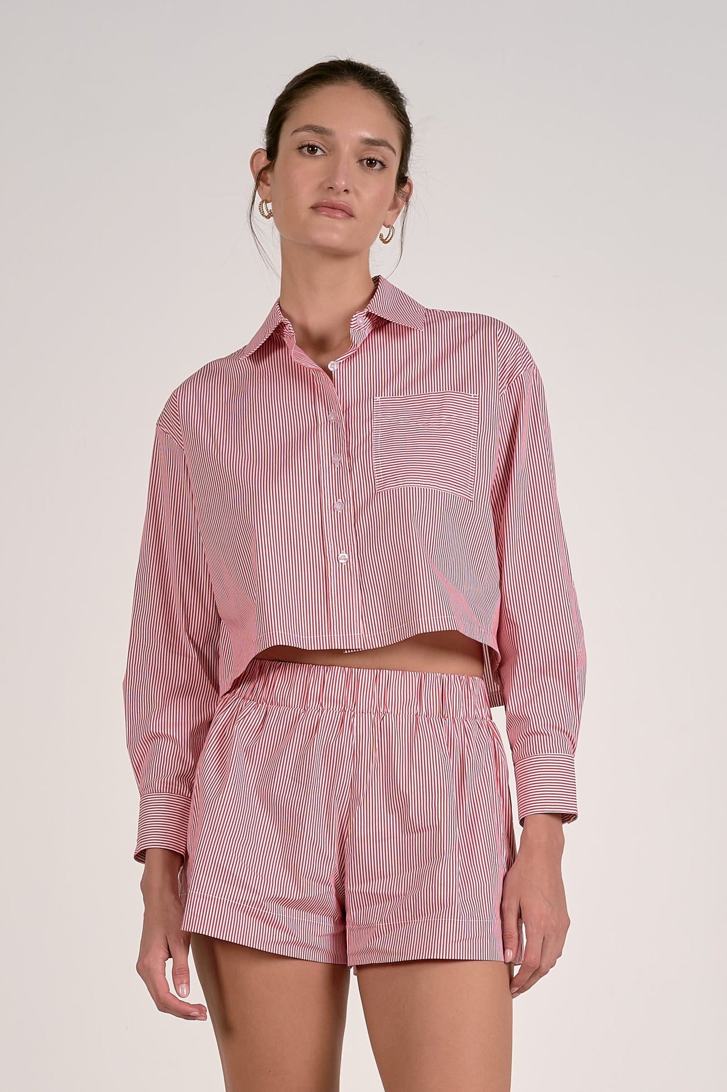 Elan - Striped Button Down Crop Shirt